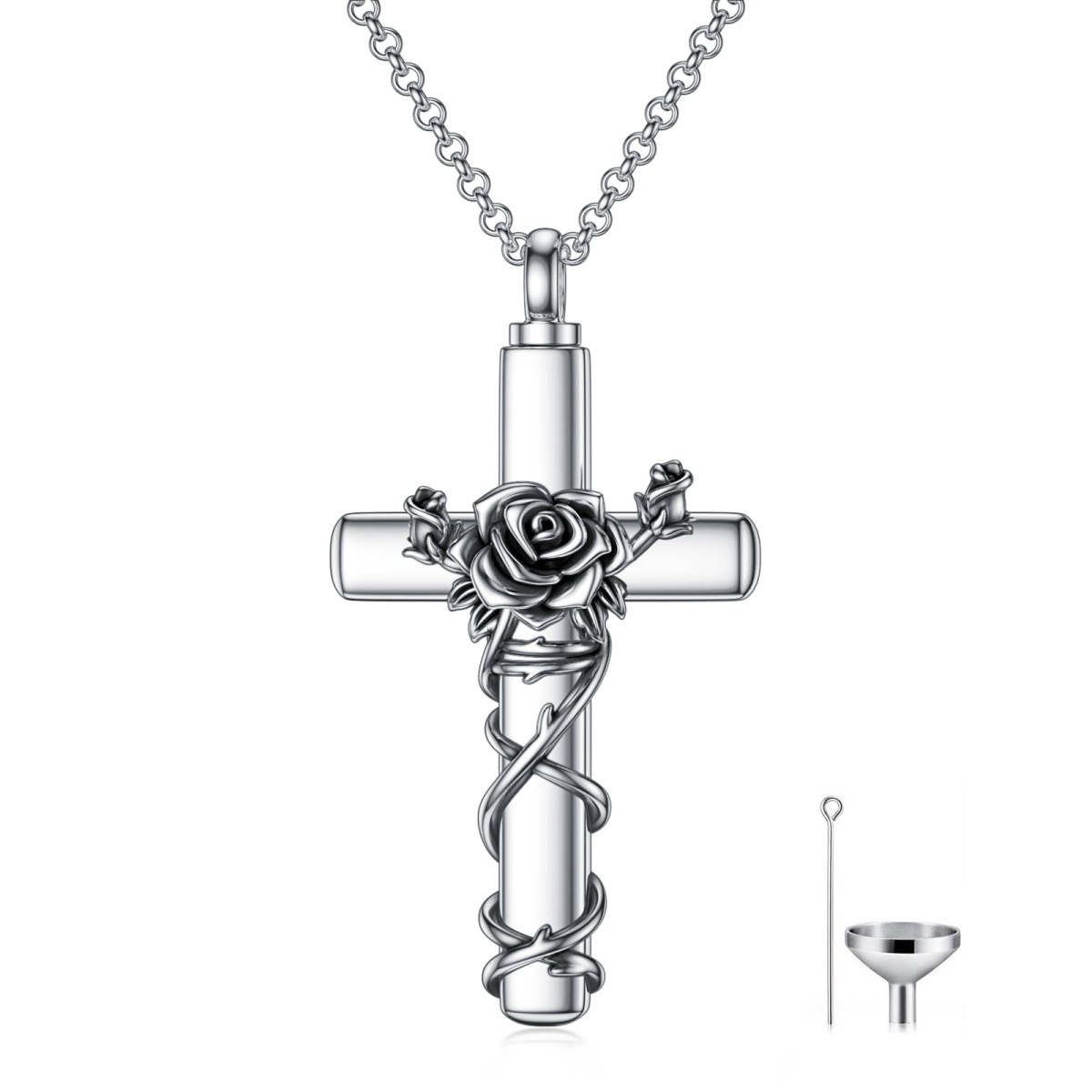 Sterling Silber Vintage Rose & Kreuz Urne Halskette für Asche-1