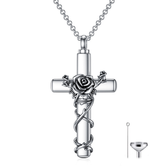 Cross Urn Necklace for Ashes Rose Flower Urn Necklace Cremation Jewelry Sterling Silver