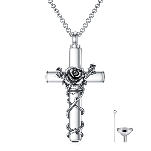 Sterling Silber Vintage Rose & Kreuz Urne Halskette für Asche-0