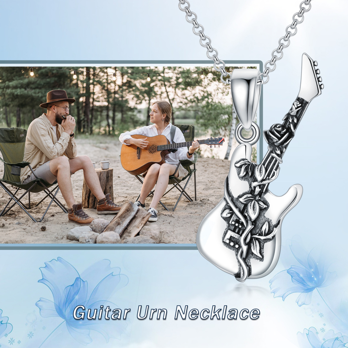 Sterling Silver with Black Rhodium Guitar Urn Necklace for Ashes-6