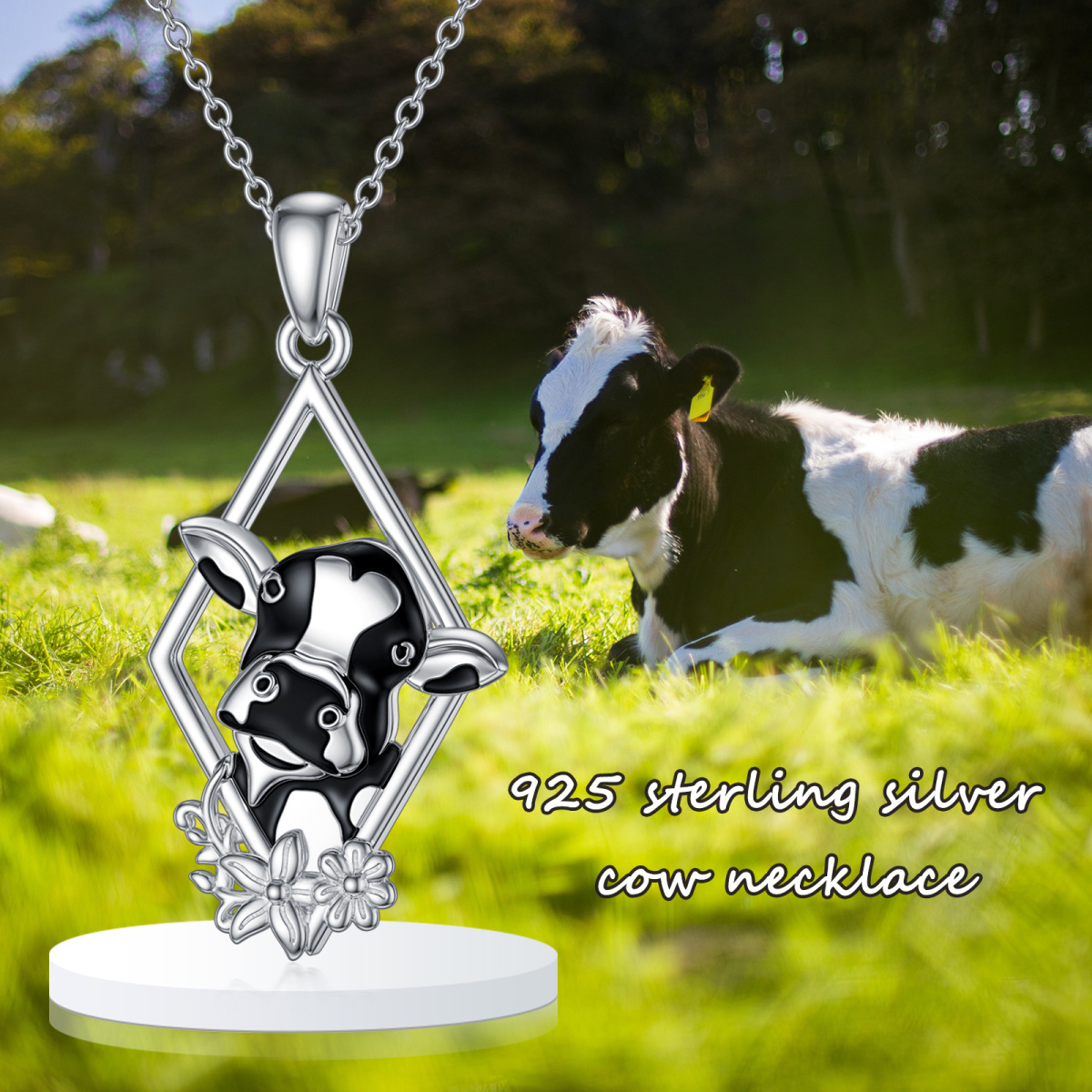 Sterling Silver Cubic Zirconia Cow Diamon Shape Pendant Necklace-3