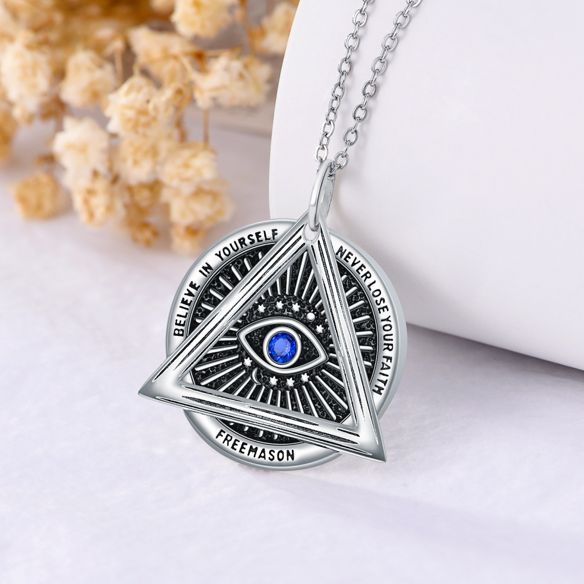 Sterling Silver Cubic Zirconia Evil Eye & Masonic Symbol & Round & Triangle Pendant Necklace-3