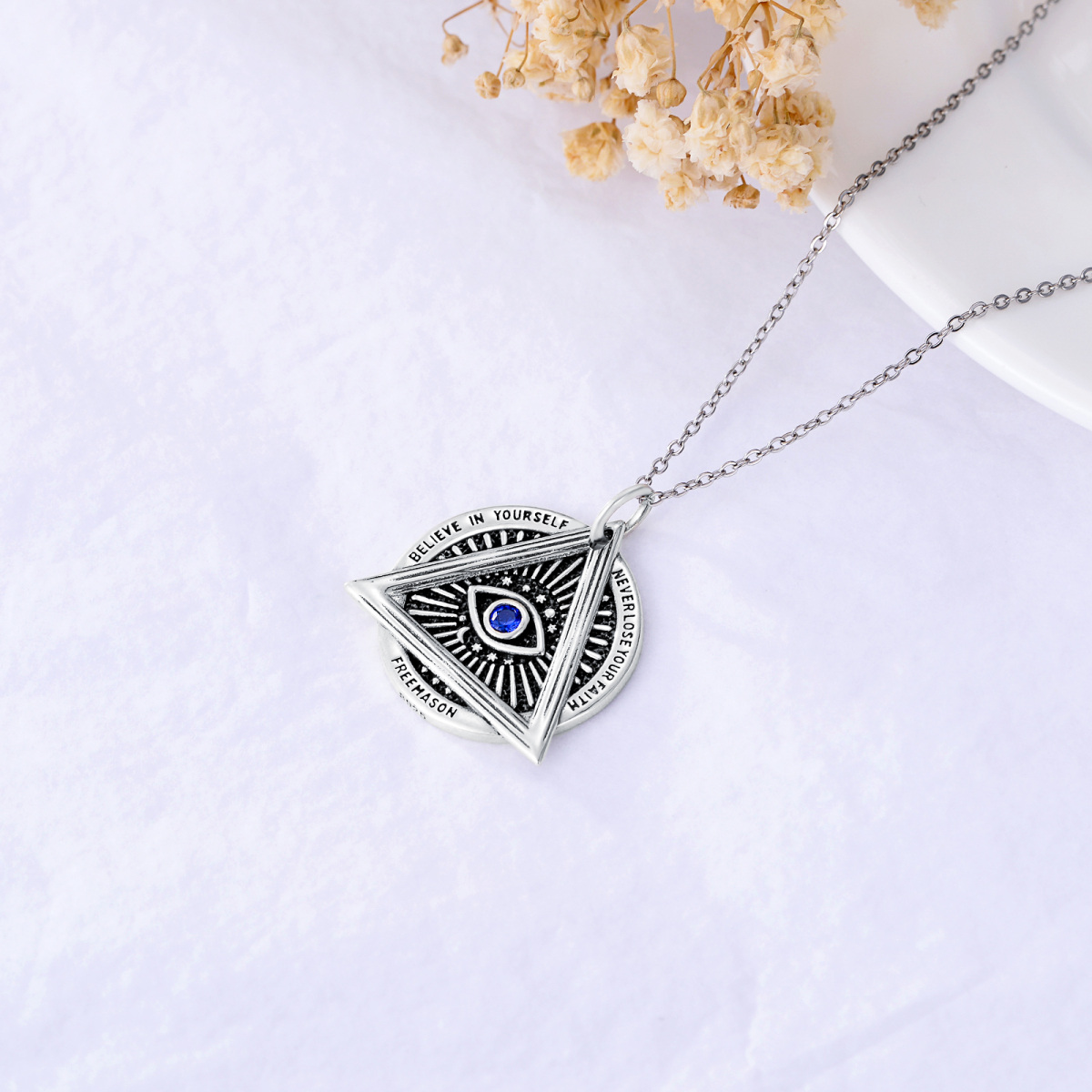 Plata de ley Cubic Zirconia Evil Eye & Masonic Symbol & Round & Triangle Collar Colgante-4