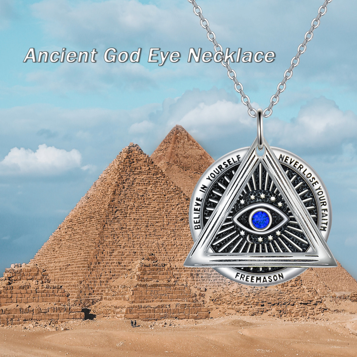 Sterling Silver Cubic Zirconia Evil Eye Triangle Masonic Symbol Pendant Necklace-6