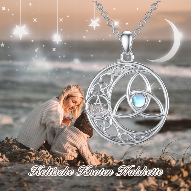 Sterling Silver Round Moonstone Celtic Knot & Pentagram Circle Pendant Necklace-5