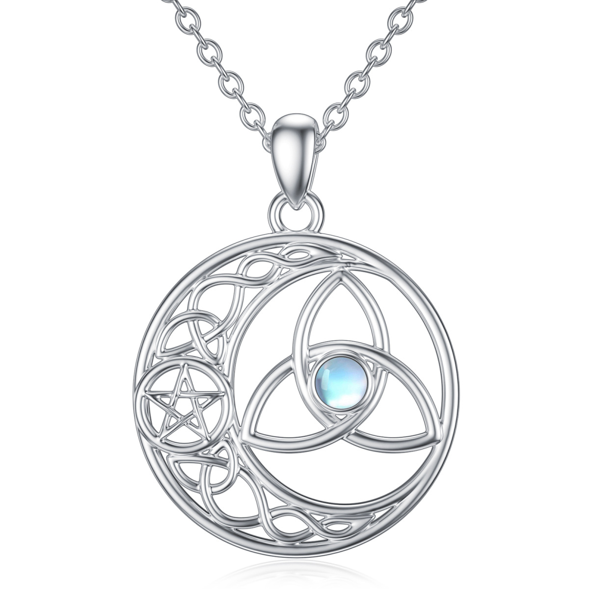 Sterling Silver Round Moonstone Celtic Knot & Pentagram Circle Pendant Necklace-1