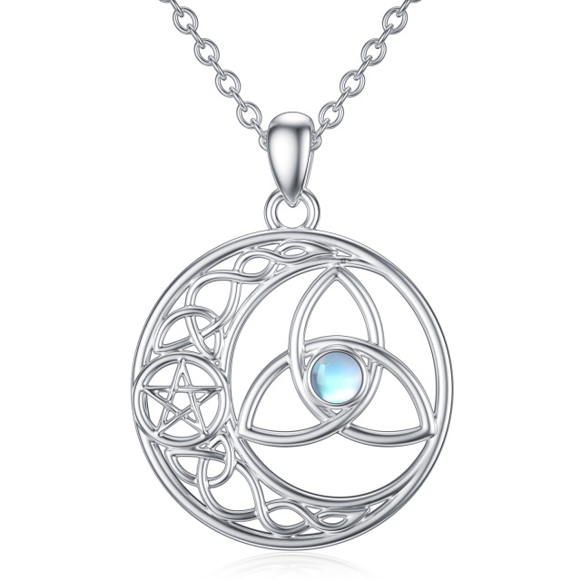 Sterling Silver Round Moonstone Celtic Knot & Pentagram Circle Pendant Necklace-0