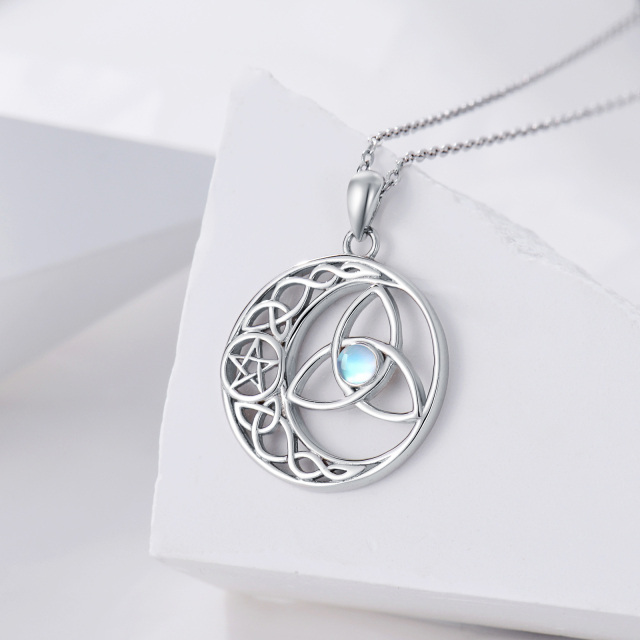 Colar pendente de prata esterlina com pedra da lua redonda, nó celta e círculo de pentagra-2
