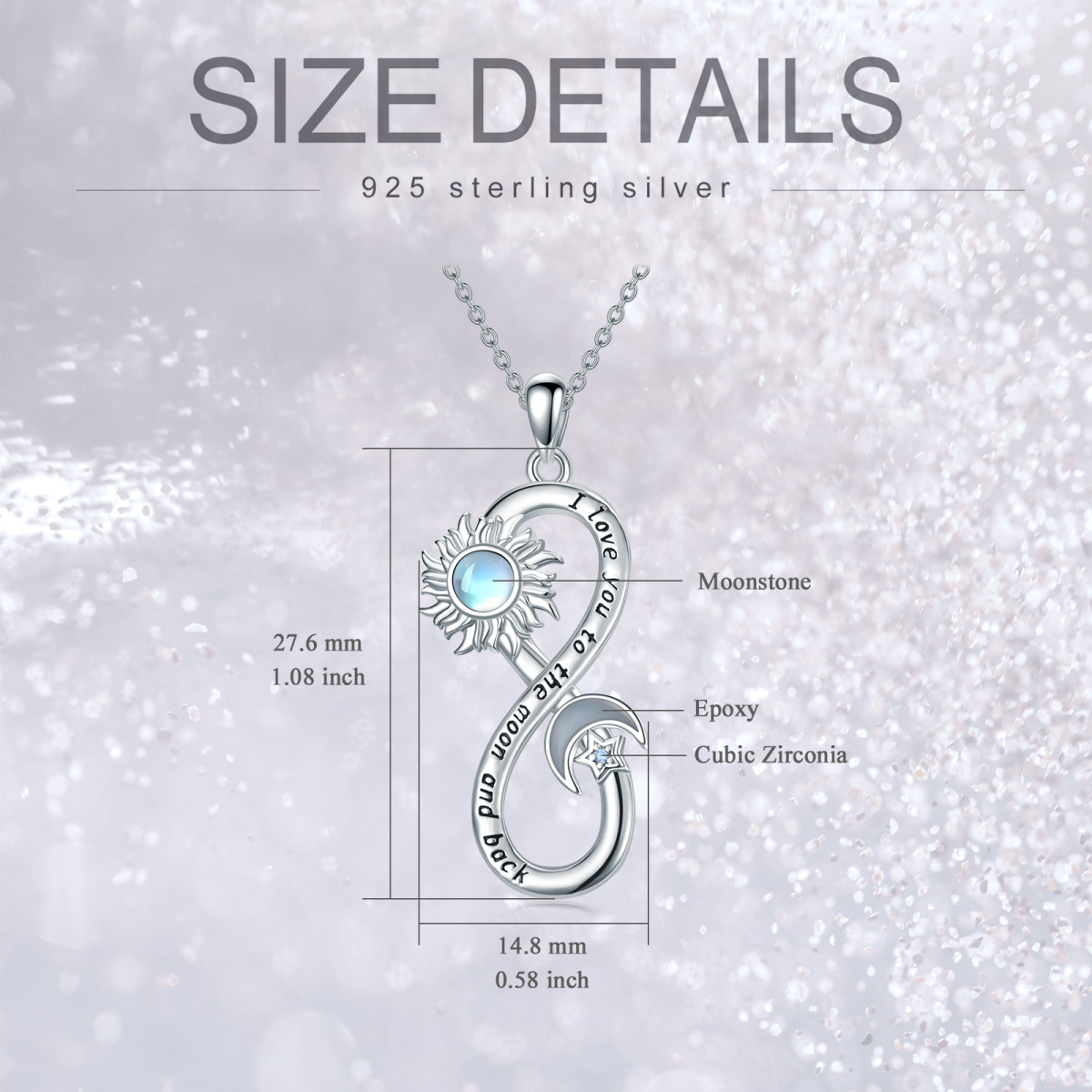 Sterling Silver Circular Shaped Cubic Zirconia & Moonstone Infinity Symbol & Moon & Sun Pendant Necklace with Engraved Word-6