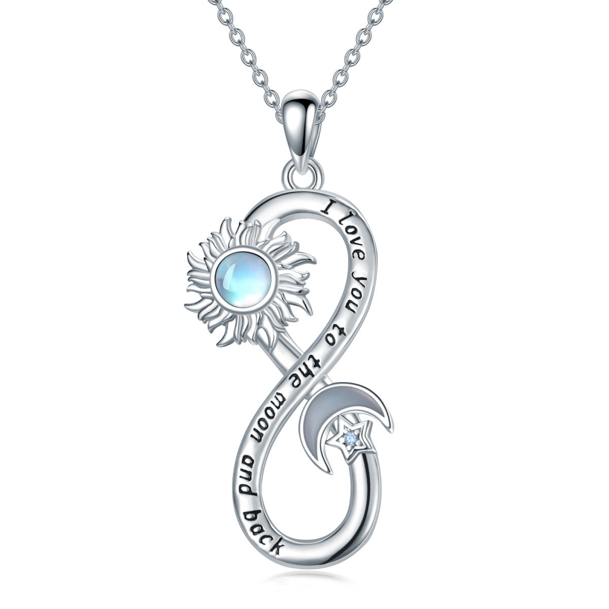 Sterling Silver Circular Shaped Cubic Zirconia & Moonstone Infinity Symbol & Moon & Sun Pendant Necklace with Engraved Word-1