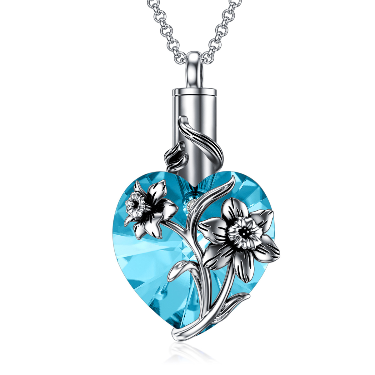 Sterling Silver Heart Shaped Crystal Daffodil & Heart Urn Necklace for Ashes-1