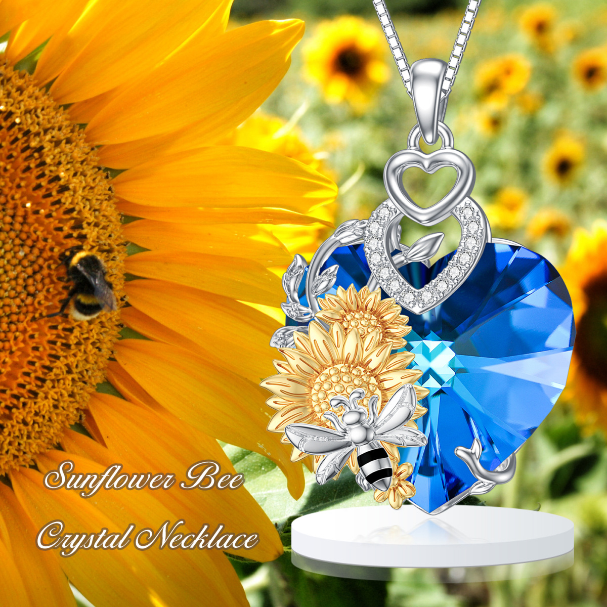 Sterling Silver Two-tone Heart Shaped Bee & Sunflower Crystal Pendant Necklace-6