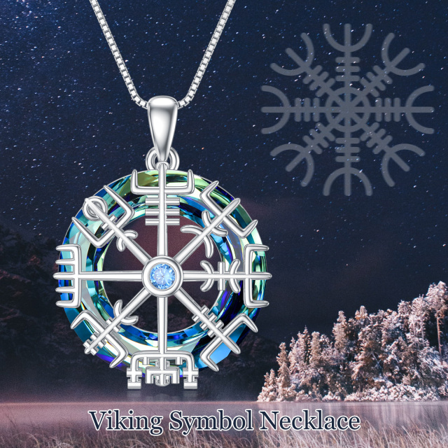 Sterling Silver Round Viking Rune Crystal Pendant Necklace-4