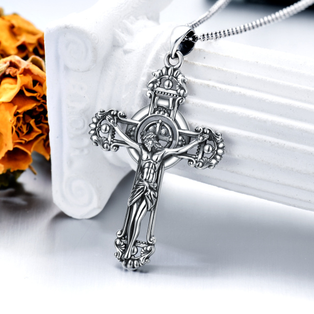 Sterling Silver with Black Rhodium Allah & Cross Pendant Necklace-2