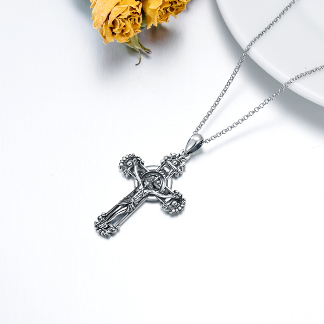 Sterling Silver with Black Rhodium Allah & Cross Pendant Necklace-3