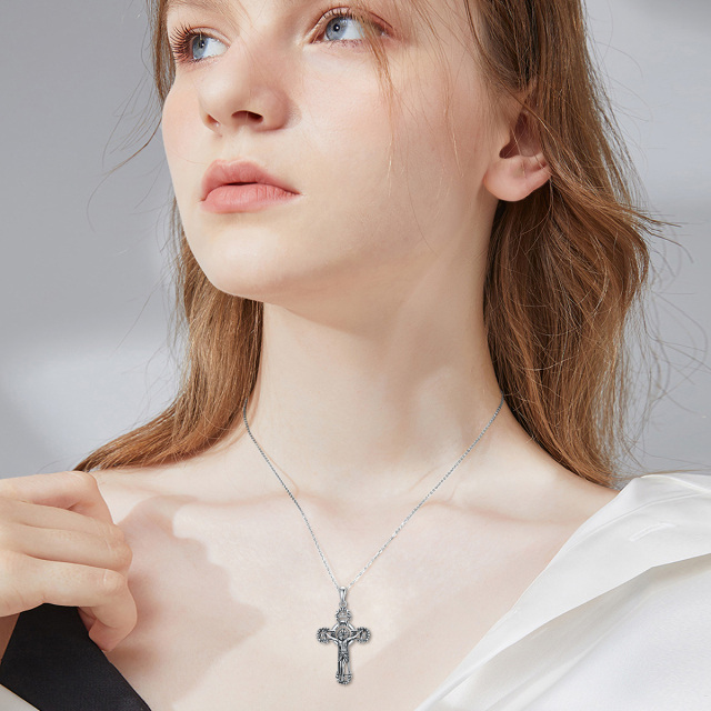 Sterling Silver with Black Rhodium Allah & Cross Pendant Necklace-1