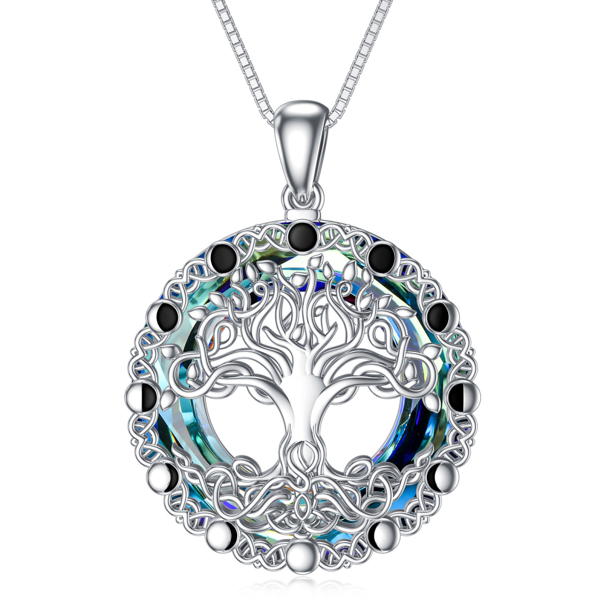 Sterling Silver Round Tree Of Life Crystal Pendant Necklace-1