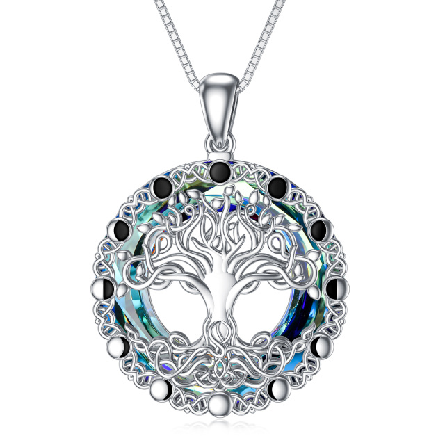 Sterling Silver Round Tree Of Life Crystal Pendant Necklace-0