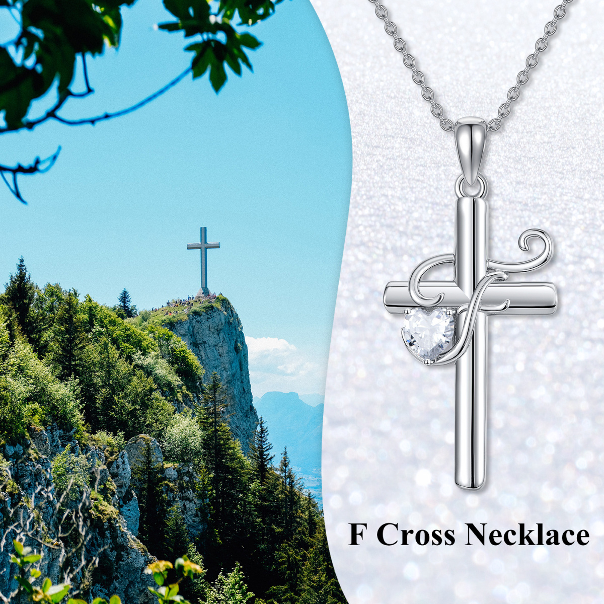 Sterling Silver Heart Shaped Cubic Zirconia Cross Pendant Necklace with Initial Letter F-6