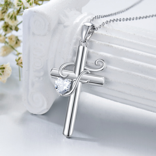 Sterling Silver Heart Shaped Cubic Zirconia Cross Pendant Necklace with Initial Letter F-2