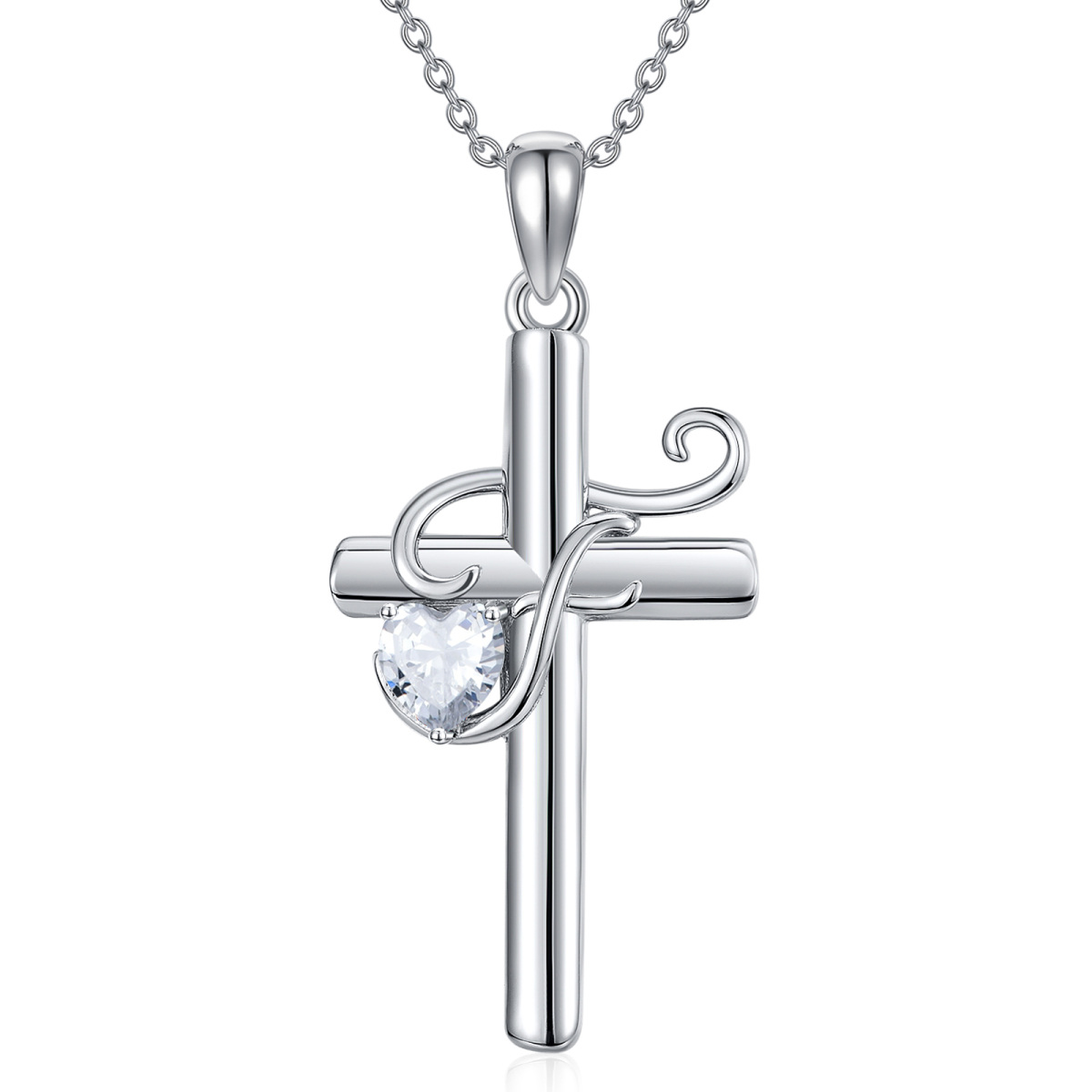 Sterling Silver Heart Shaped Cubic Zirconia Cross Pendant Necklace with Initial Letter F-1