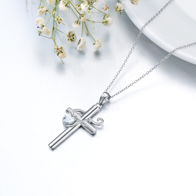 Sterling Silver Heart Shaped Cubic Zirconia Cross Pendant Necklace with Initial Letter F-3