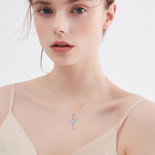 Sterling Silver Heart Shaped Cubic Zirconia Cross Pendant Necklace with Initial Letter F-1