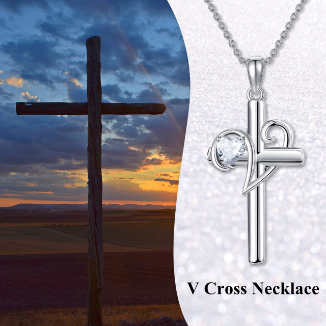 Collana con pendente a forma di croce con lettera iniziale personalizzata in argento sterling con zirconi cubici-5