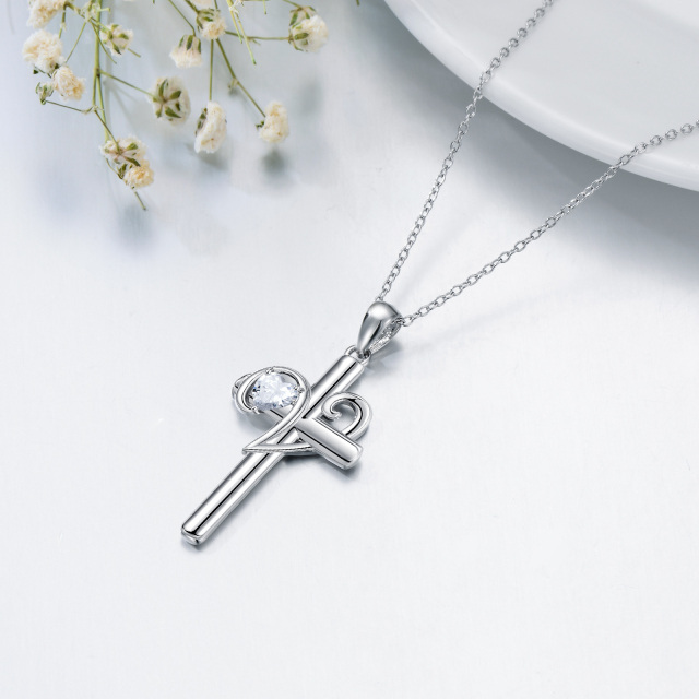 Sterling Silver Cubic Zirconia Personalized Initial Letter & Cross Pendant Necklace-4