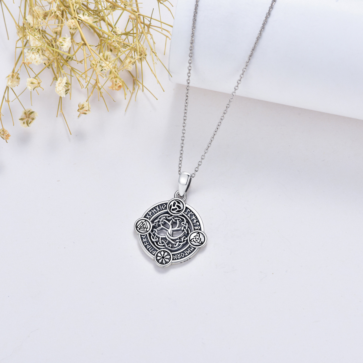 Sterling Silver with Black Rhodium Tree Of Life Pendant Necklace-6
