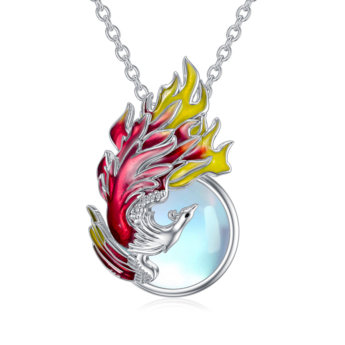 Sterling Silver Circular Shaped Moonstone Phoenix Pendant Necklace-1