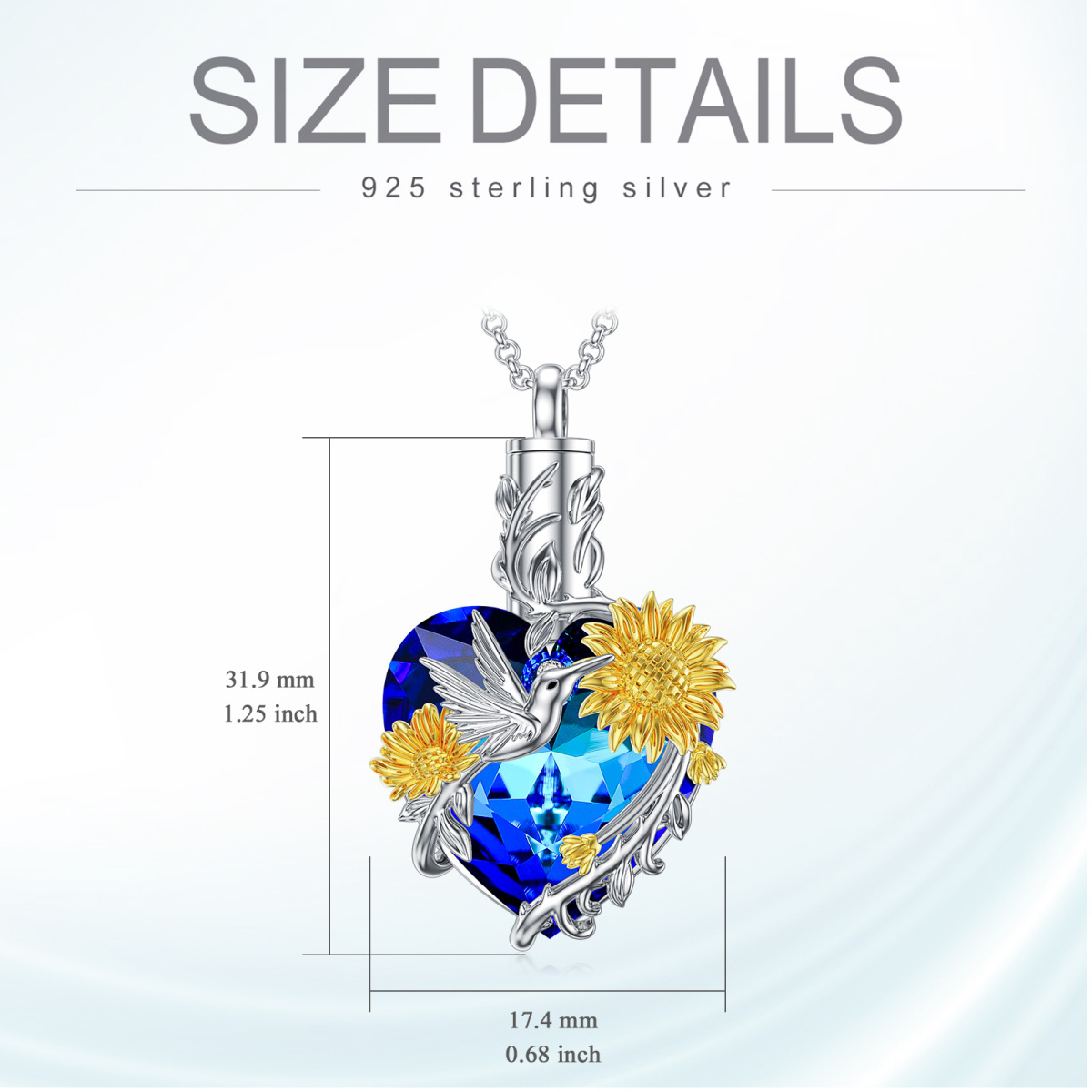 Sterling Silver Two-tone Crystal Hummingbird & Sunflower Urn Necklace for Ashes-6