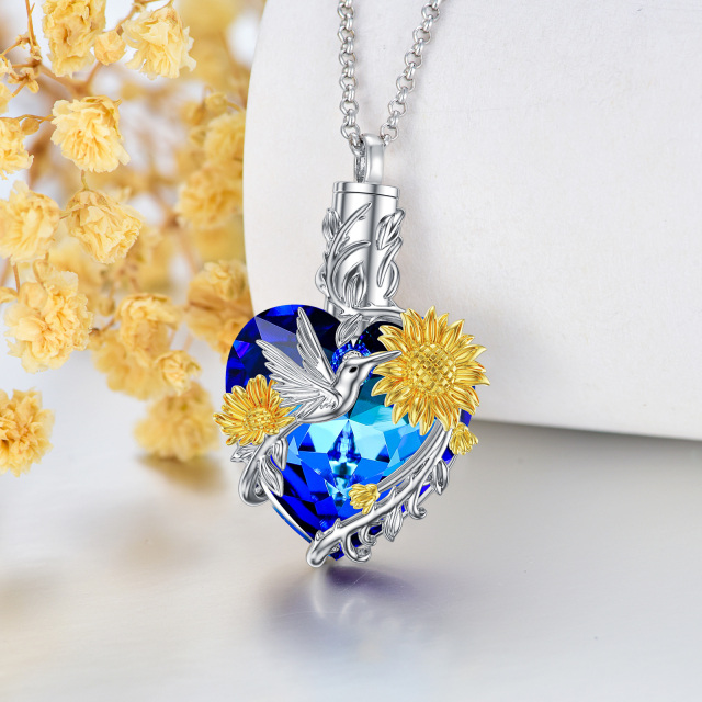 Sterling Silver Two-tone Crystal Hummingbird & Sunflower Urn Necklace for Ashes-4