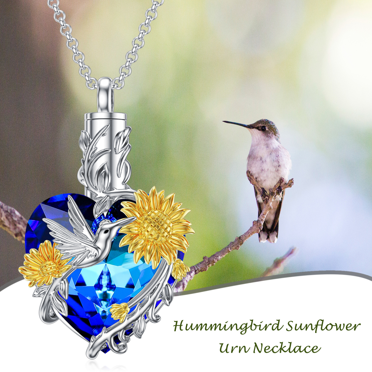 Collier en argent sterling pour cendres avec colibri et tournesol en cristal bicolore-3