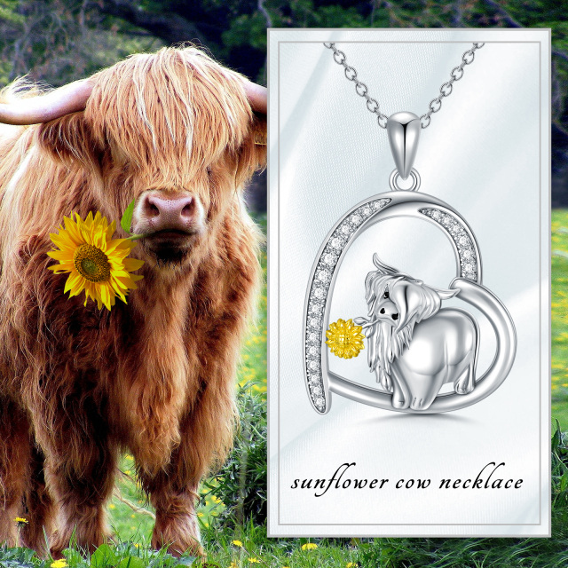 Sterling Silver Circular Shaped Cubic Zirconia Highland Cow & Sunflower & Heart Pendant Necklace-3
