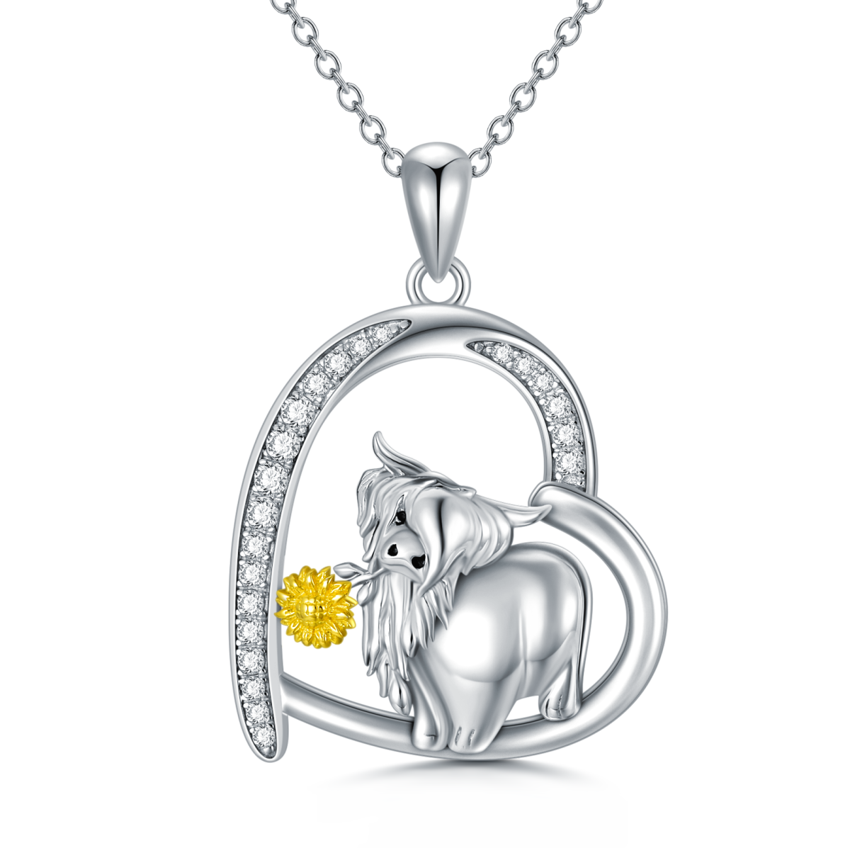 Sterling Silver Circular Shaped Cubic Zirconia Highland Cow & Sunflower & Heart Pendant Necklace-1