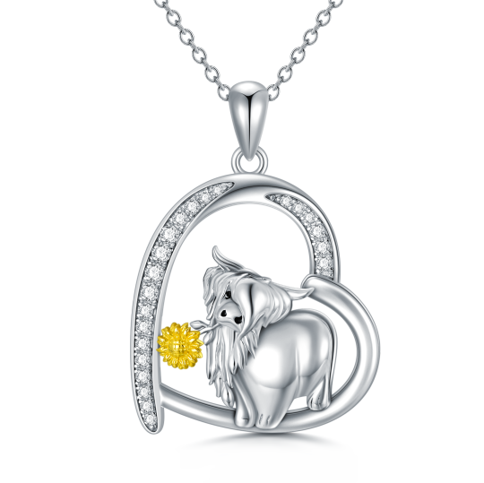 Collana in argento sterling con ciondolo circolare a forma di cubo di zirconio con mucca Highland, girasole e cuore