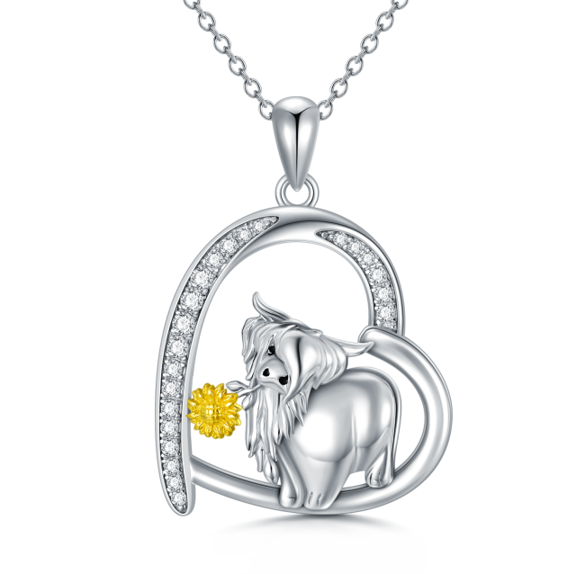 Sterling Silver Circular Shaped Cubic Zirconia Highland Cow & Sunflower & Heart Pendant Necklace-0