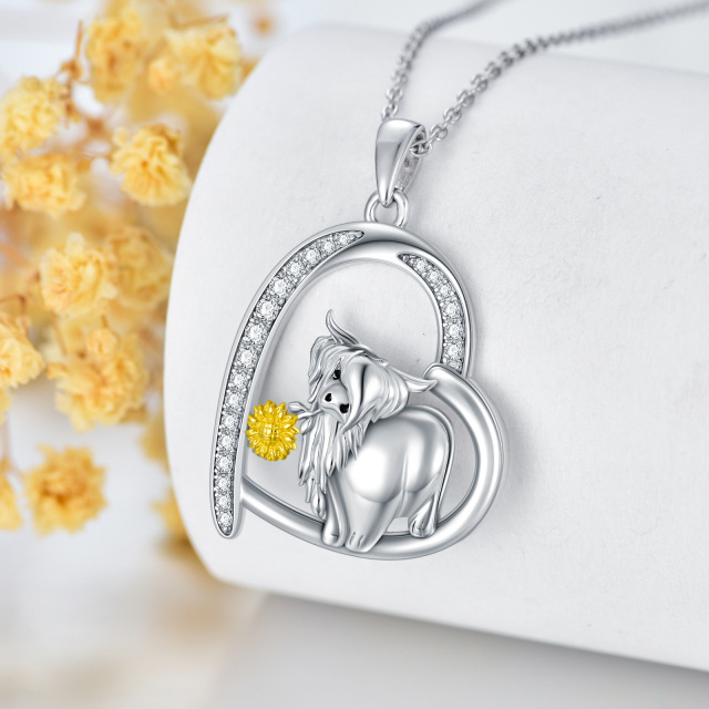 Sterling Silver Circular Shaped Cubic Zirconia Highland Cow & Sunflower & Heart Pendant Necklace-5