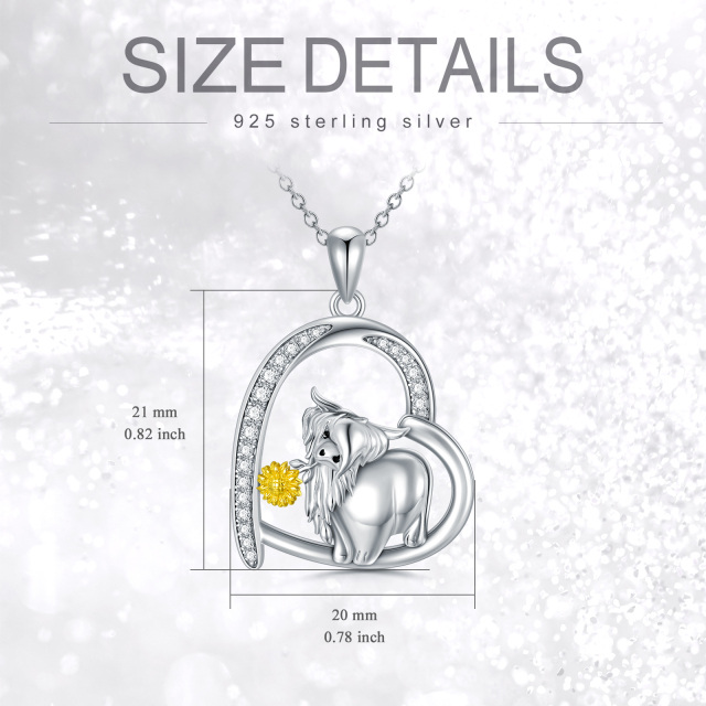 Sterling Silver Circular Shaped Cubic Zirconia Highland Cow & Sunflower & Heart Pendant Necklace-2