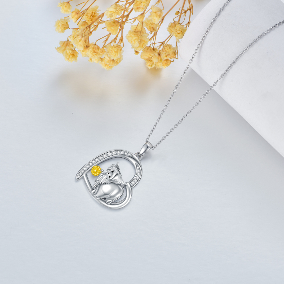Sterling Silver Circular Shaped Cubic Zirconia Highland Cow & Sunflower & Heart Pendant Necklace-6