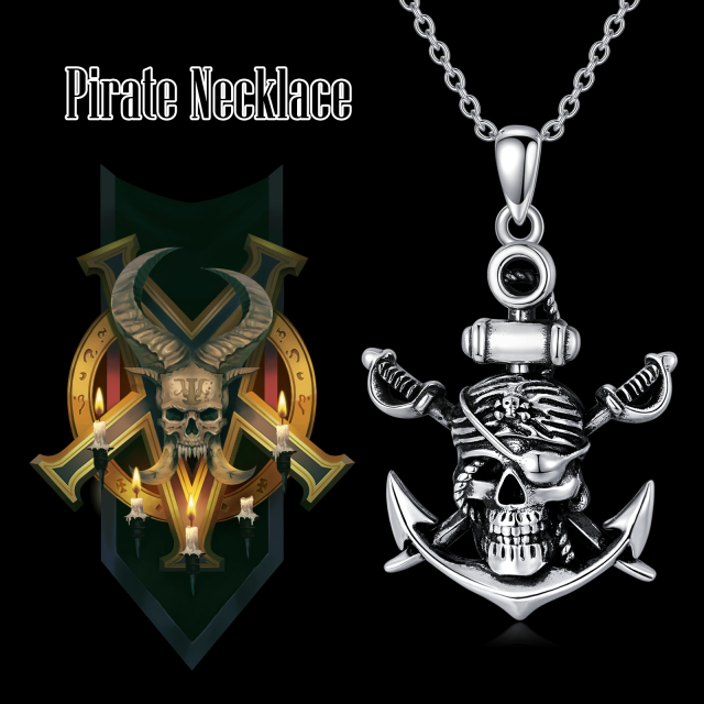 Sterling Silver Two-tone Anchor & Skull Pendant Necklace-2