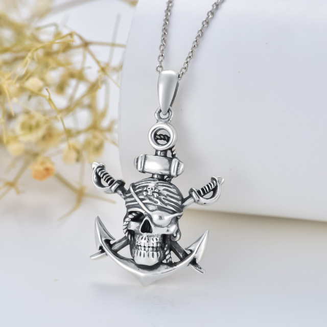 Sterling Silver Two-tone Anchor & Skull Pendant Necklace-4