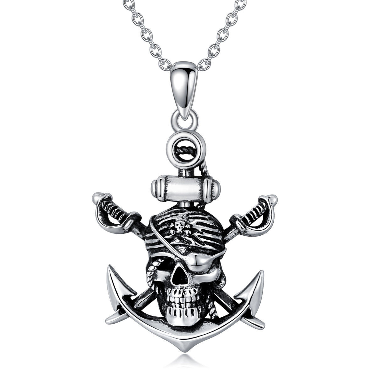 Sterling Silver Two-tone Anchor & Skull Pendant Necklace-1