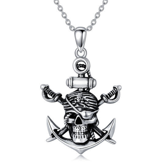 Sterling Silver Two-tone Anchor & Skull Pendant Necklace
