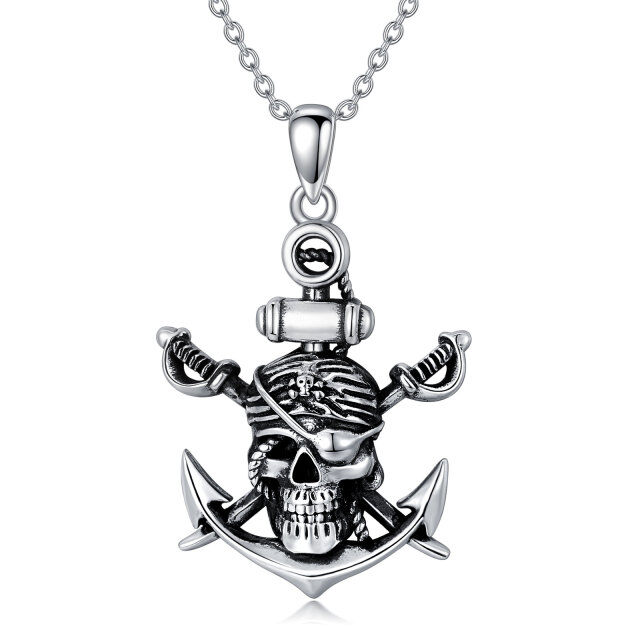 Sterling Silver Two-tone Anchor & Skull Pendant Necklace-0