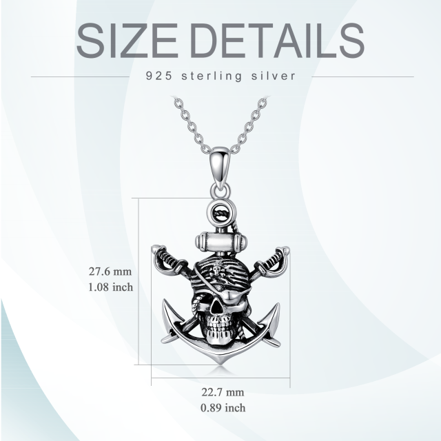 Sterling Silver Two-tone Anchor & Skull Pendant Necklace-3