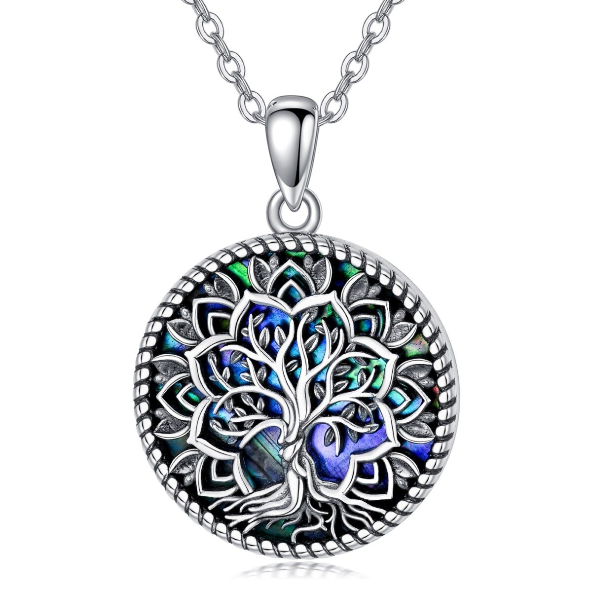 Sterling Silver with Black Plated Round Abalone Shellfish Lotus & Tree Of Life Pendant Necklace-1
