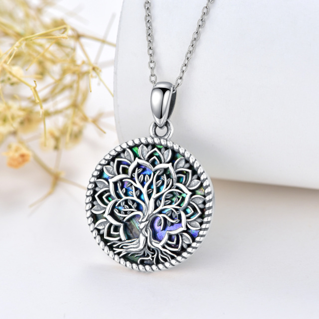 Sterling Silver with Black Plated Round Abalone Shellfish Lotus & Tree Of Life Pendant Necklace-4