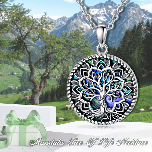 Sterling Silver with Black Plated Round Abalone Shellfish Lotus & Tree Of Life Pendant Necklace-3